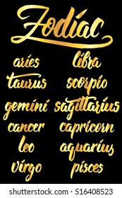 Collection of hand written zodiac sign names. Vector graphics astrology set in golden over black.