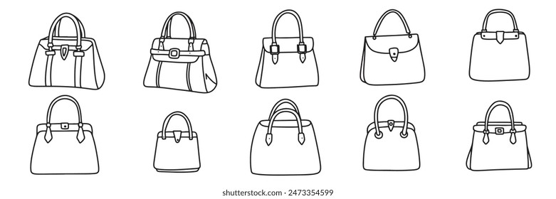 Collection of handbag in doodle style. Hand drawn vector art.