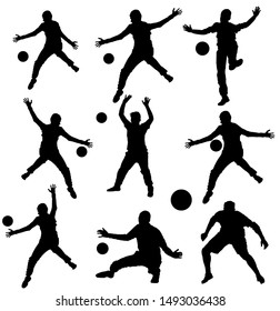 Collection of handball goalkeeper vector silhouette isolated on white background. Soccer goalkeeper silhouette vector. Defender sportsman position. Save penalty. Man on goal. Active sport boy.