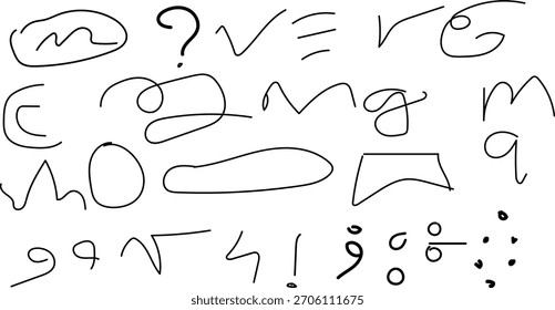 A collection of hand-drawn, abstract doodles and scribbles in black ink on a white background, featuring various shapes and symbols.