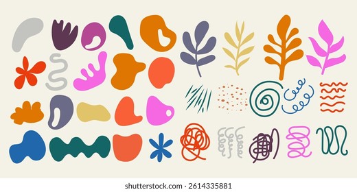 Collection of handdrawn abstract shapes, doodles, and organic forms in vibrant colors. Ideal for design projects, patterns, and backgrounds.
