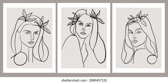 Collection Hand-drawn Abstract Woman Portraits In Picasso Style. Linear Face. Trendy Vector Art Print. Decorative Poster For Home Decor. 