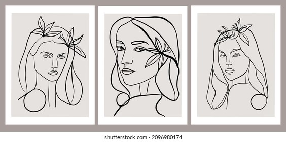 Collection Hand-drawn Abstract Woman Portraits In Picasso Style. Linear Face. Trendy Vector Art Print. Decorative Poster For Home Decor. 