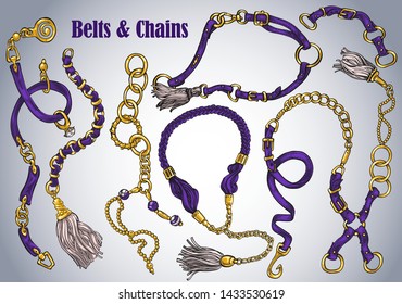 A collection of hand-drawn accessories: trendy leather belts and gold chains with pendants, beads and rings. Elements for design, collages on a jewelry theme, prints for fabrics, packaging.
