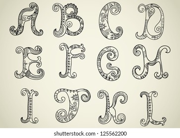 Collection of hand-drawn Alphabet A-L