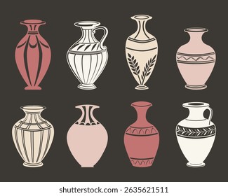Collection of hand-drawn antique vases and amphoras. Illustration in pastel colors.
