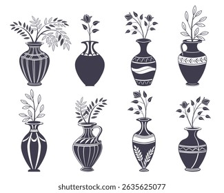 Coleção de vasos antigos desenhados à mão com arranjos florais. Conjunto de vasos com plantas. Ilustração.