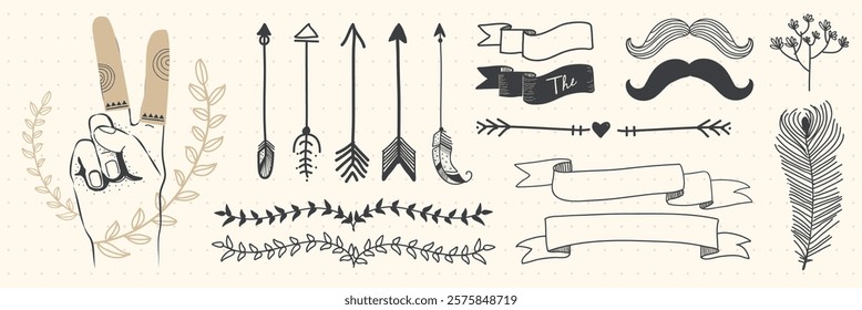 Collection of hand-drawn arrows, banners, and mustaches. Arrows and banners add style. Mustaches and arrows create a vintage look. Aesthetic illustrations, isolated vector set.