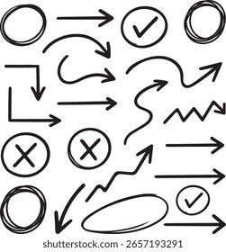 Uma coleção de setas desenhadas à mão, círculos, marcas de seleção e cruzes em preto em um fundo branco, representando escolhas, direção e decisões.
