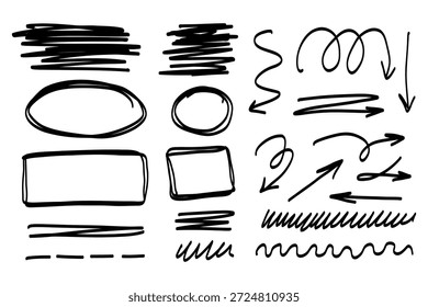 Sammlung handgezeichneter Pfeile, Kreise, Rechtecke, Kritzeleien und Unterstreichungen, die mit einem schwarzen Marker auf weißem Hintergrund erstellt wurden