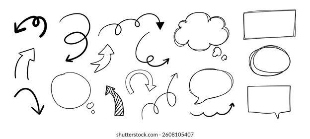 Collection of hand-drawn arrows, circles, and speech bubbles. Doodle arrows, speech bubbles, and circles in various styles. Sketchy, creative design elements. Isolated vector element set.