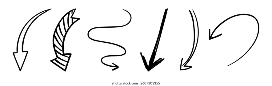 Collection of hand-drawn arrows. Curved arrows, straight arrows, and zigzag arrow, varied designs. Sketch-style arrows for creative use. Isolated vector element set.