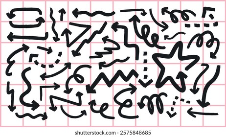 A collection of hand-drawn arrows and doodles. Arrows in various styles, doodles with playful curves. Black arrows, creative doodles on a grid background. Element vector set.