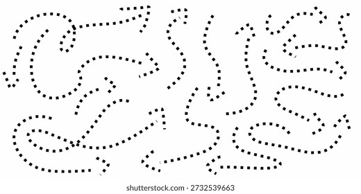 Eine Sammlung von handgezeichneten Pfeilen mit gepunkteten Linien. Verschiedene Arten von schwarzen Pfeilen, die in alle Richtungen zeigen.