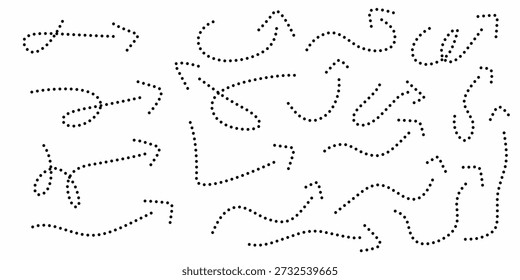 Eine Sammlung von handgezeichneten Pfeilen mit gepunkteten Linien. Verschiedene Arten von schwarzen Pfeilen, die in alle Richtungen zeigen.