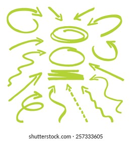 A collection of hand-drawn arrows. Group of vector green arrows.