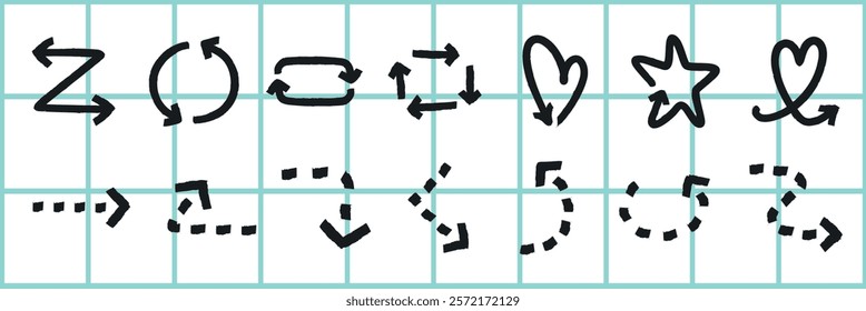 A collection of hand-drawn arrows, hearts, and stars on a grid. Arrows, hearts, and stars in various styles, including solid and dashed lines, on a grid background. Element vector set.