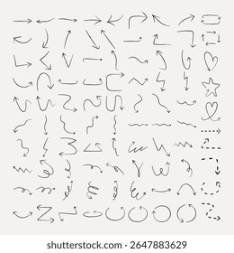 Collection of hand-drawn arrows, including curved, zigzag, and straight designs. Arrows in various styles and directions, perfect for creative projects. Element vector set.