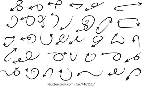 Collection of hand-drawn arrows isolated on white background. Vector illustration.