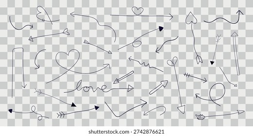 A collection of hand-drawn arrows and lines with hearts and love motifs transparent background. Doodles curved, straight, and zigzag arrows.