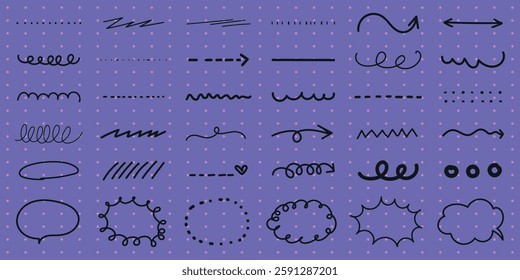 Collection of hand-drawn arrows, lines, and speech bubbles on a purple background. Arrows and lines in various styles, speech bubbles in different shapes. Black hand drawn elements, vector set.