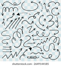 Una colección de flechas dibujadas a mano sobre un fondo a cuadros. Las flechas varían en estilo: curvadas, en zigzag y rectas. Las flechas son negras sobre un fondo claro. Elementos negros dibujados a mano, juego de Vectores.