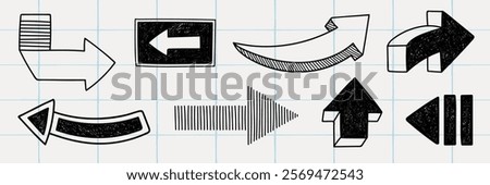 A collection of hand-drawn arrows on graph paper. Various arrow styles include curved, straight, and block arrows. Black and white arrow designs. Hand drawn element vector set.