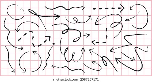 A collection of hand-drawn arrows on a grid background. Arrows in various styles, including curved, zigzag, and dashed. Perfect for creative design projects. Element vector set.