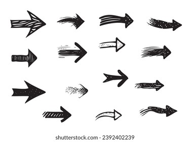A collection of hand-drawn arrows, presented as isolated vector graphics, showcasing diverse arrow styles, on a clean white background.