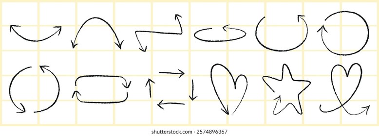 Collection of hand-drawn arrows and shapes. Arrows pointing in various directions. Shapes include hearts and stars. Hand-drawn arrows and shapes on grid. Doodle element vector set.
