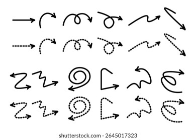 Collection of hand-drawn arrows in solid and dotted styles. Includes curves, zigzags, spirals, and loops—perfect for infographics, presentations, diagrams, and creative design projects.

