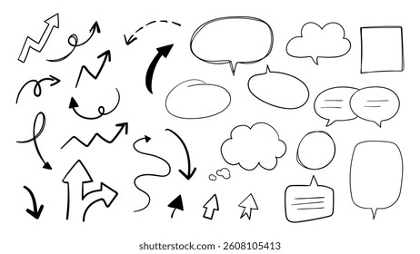Collection of hand-drawn arrows and speech bubbles. Various arrows and speech bubbles in different shapes. Sketchy arrows and bubbles for creative design. Isolated vector element set.
