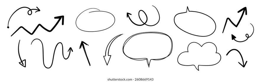 Collection of hand-drawn arrows and speech bubbles. Includes various arrows, loops, and speech bubbles. Ideal for design, sketch, and creative projects. Isolated vector element set.