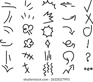 A collection of hand-drawn arrows, symbols, and design elements.  Perfect for adding a unique, sketched style to your projects.  Includes various shapes and directions.