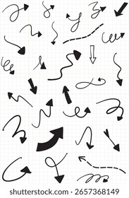 Una colección de flechas dibujadas a mano en una variedad de estilos que incluyen diseños ondulados, rizados, punteados y rectos. Perfecto para infografías, presentaciones, Diseño web y proyectos creativos. Vector illustr