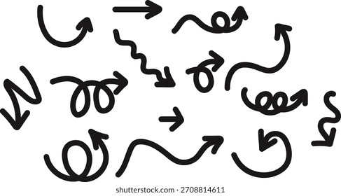 Collection of hand-drawn arrows in various shapes and directions. Black line art on a white background. Simple and playful design.