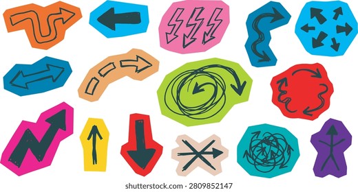 A collection of hand-drawn arrows in various shapes, sizes, and colors, isolated on a white background. The arrows point in different directions, indicating choices and movement.