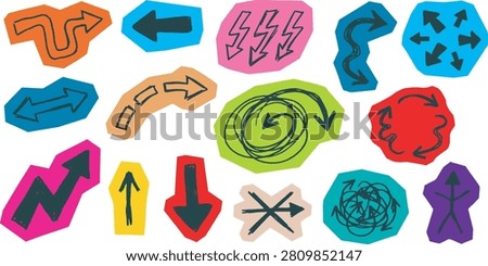 A collection of hand-drawn arrows in various shapes, sizes, and colors, isolated on a white background. The arrows point in different directions, indicating choices and movement.