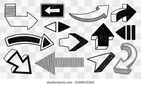 A collection of hand-drawn arrows in various styles and directions. Arrows pointing left, right, up, and down. Black and white sketch arrows on a checkered background. Hand drawn element vector set.