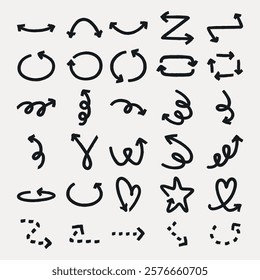 Collection of hand-drawn arrows in various styles. Arrows include zigzag, spiral, and curved designs. Perfect for creative projects and designs. Element vector set.