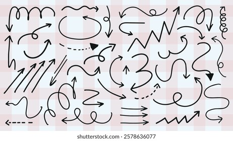 A collection of hand-drawn arrows in various styles. Curved arrows, zigzag arrows, and straight arrows on a checkered background. Black hand drawn elements, vector set.