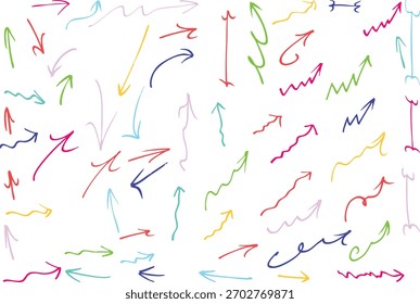 Una colección de flechas dibujadas a mano en varios estilos que apuntan en diferentes direcciones, simbolizando conceptos como movimiento, dirección y progreso