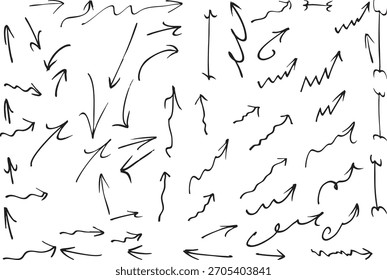A collection of hand-drawn arrows in various styles pointing in different directions, symbolizing concepts like movement, direction, and progress