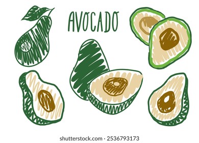 A collection of hand-drawn avocados, each with a green stem. The avocados are arranged in various positions, with some placed close together and others more spread out