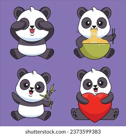 collection handdrawn baby pandas eating noodles playing pickaboo holding heart twig vector design illustration