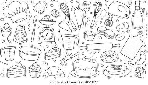 Una colección de artículos de hornear y cocinar dibujados a mano que incluyen un sombrero de chef, una batidora, un rodillo, tazas medidoras, escalas y varios postres como pasteles, cupcakes y donas.