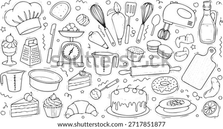 A collection of hand-drawn baking and cooking items including a chef's hat, mixer, whisk, rolling pin, measuring cups, scales, and various desserts like cakes, cupcakes, and donuts.