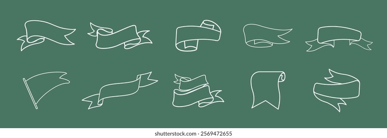 Collection of hand-drawn banners and ribbons on a green background. Various ribbon designs, hand-drawn style, and green backdrop for creative projects. Ribbon banner vector set.