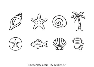 Collection of hand-drawn beach elements including shells, a starfish, and a palm tree.
