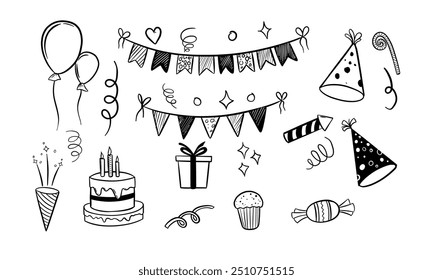 A collection of hand-drawn birthday party decorations and treats, including balloons, cake, flags, streamers, confetti, hats, and candy.